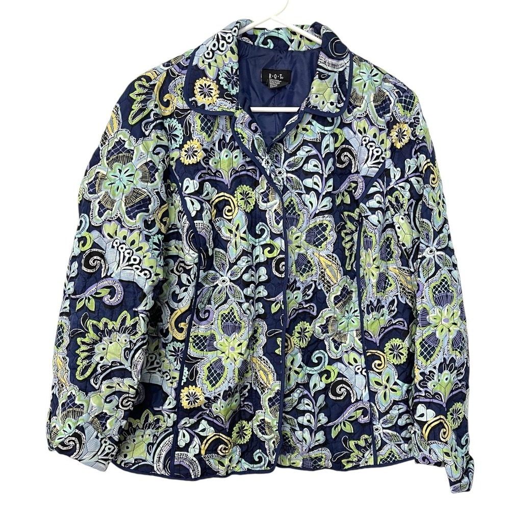 RQT Large Blue Quilted Paisley Floral Button‎ Front Lightweight Jacket Coat